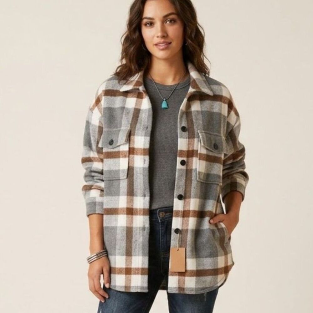 Rustic Heritage Oversized Plaid Flannel Shacket Pocket Trucker Western SZ S